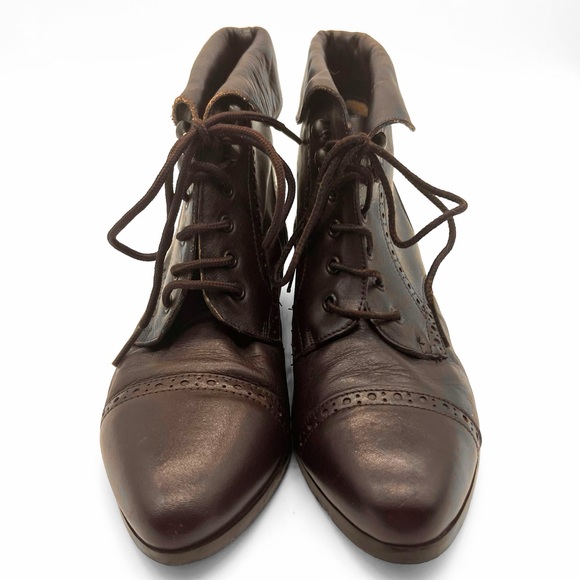 SOLD Brown Leather Lace-Up Fold Over Peter Pan Ankle Boots 90s Vintage Mainframe - Picture 2 of 8